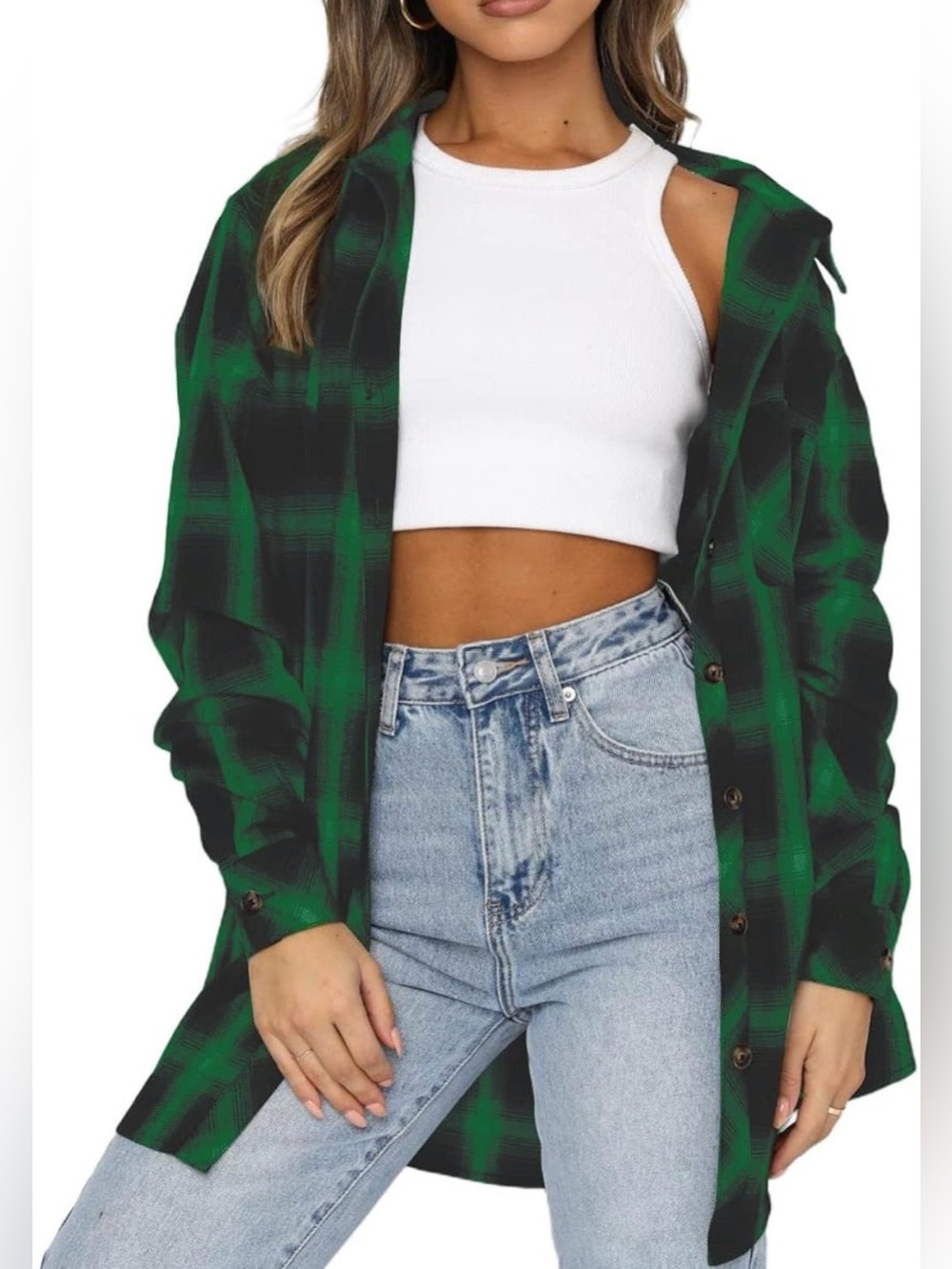 NWT Green Plaid Button-Down Shirt Jacket - Women's Oversized Top